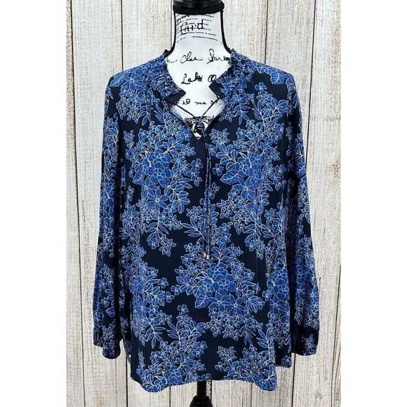 Tommy Hilfiger Blue Floral Blouse Size Medium Long Sleeve Tunic‎ Lightweight - Picture 1 of 7